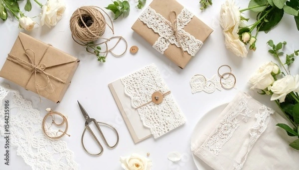 Fototapeta The image presents a curated flat lay featuring craft paper, twine, lace, and accents of white roses, evoking a DIY or wedding stationery aesthetic on a white