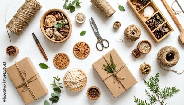 Fototapeta A flat lay captures craft and gift wrapping elements, with twine, wooden containers, foliage, and wrapped boxes arranged artfully on a stark white