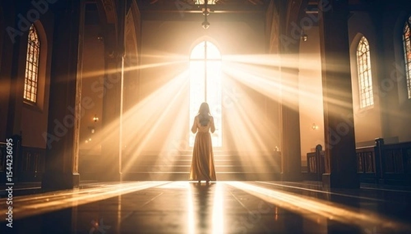 Fototapeta A woman stands silhouetted in a grand church doorway with stained glass windows, bathed in intense streams of sunlight, creating a scene of solemn beauty and spiritual