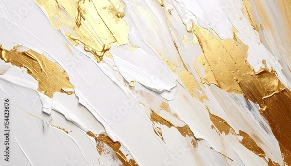 Fototapeta The image showcases a textured close-up of an abstract painting with broad strokes of white and shimmering gold, creating a luxurious and visually captivating