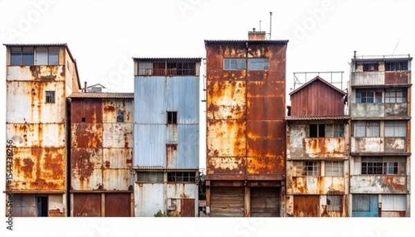 Fototapeta The image showcases a row of derelict, multi-story buildings with weathered facades, displaying rust and decay, set against a clear, bright white sky background, emphasizing their