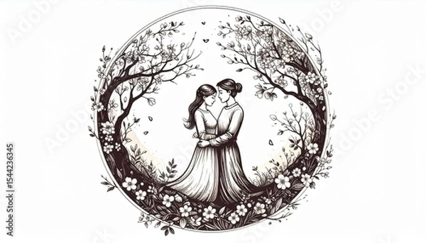Fototapeta A serene, floral-framed sketch depicts two women in long dresses embracing, drawn in black and white with delicate lines accentuating the blossoming trees and flowers surrounding