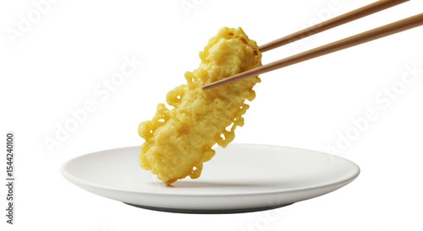 Fototapeta Chikuwa Tempura Held By Chopsticks Above White Plate In Realistic 3D Rendering On Transparent Background Japanese Cuisine Still Life Culinary Delight Isolated Design