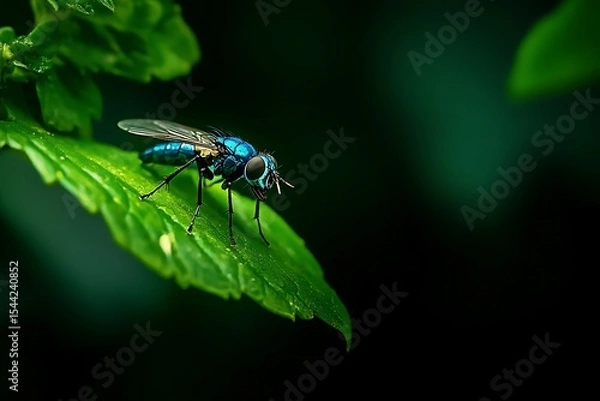 Fototapeta Vibrant Blue Robber Fly Perched on Lush Green Leaf Dark Background Macro Photography Insect Wildlife Nature