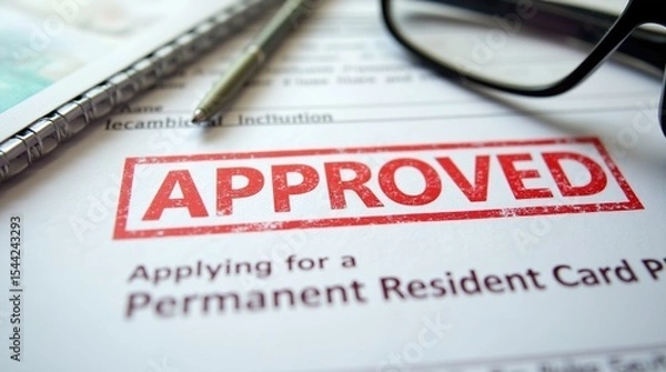 Fototapeta Approved permanent resident application form close-up with accessories on desk