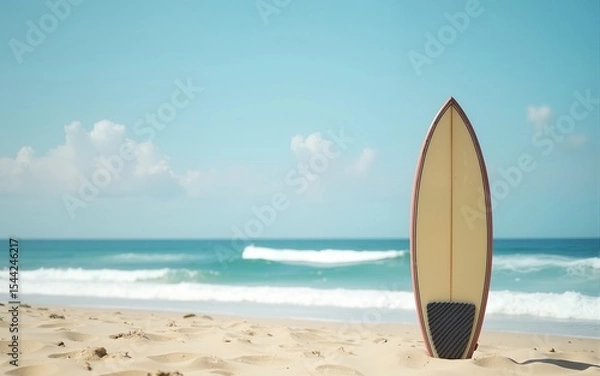 Fototapeta A surfboard stands on the beach. High quality