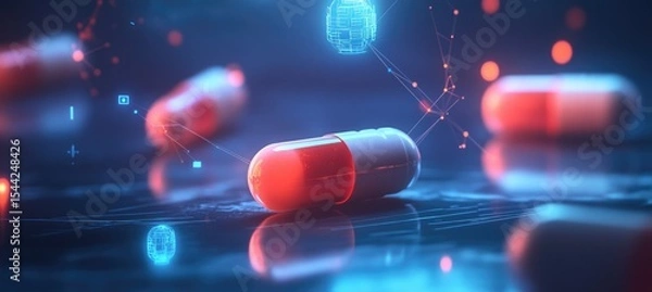 Fototapeta A digital illustration of various pills and supplement bottles connected by glowing connections, with icons representing health data in the background.