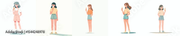 Fototapeta Set of Young Girls Enjoying Ice Cream – Flat Design Vector Illustration