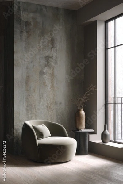 Fototapeta The modern interior design of the hall features a minimalist style. The concrete wall has a beautiful texture, with light gray and dark brown colors.