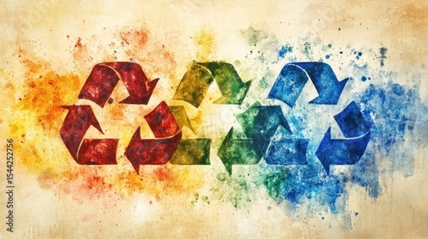 Fototapeta Colorful recycled symbols on textured background