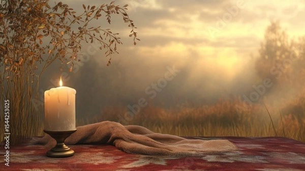 Fototapeta Serene autumn scene with candle and blanket