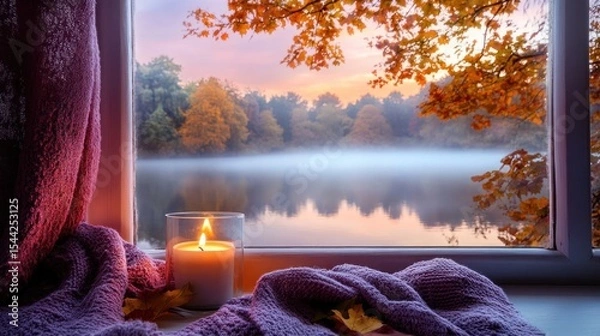 Fototapeta Autumnal window view with candle