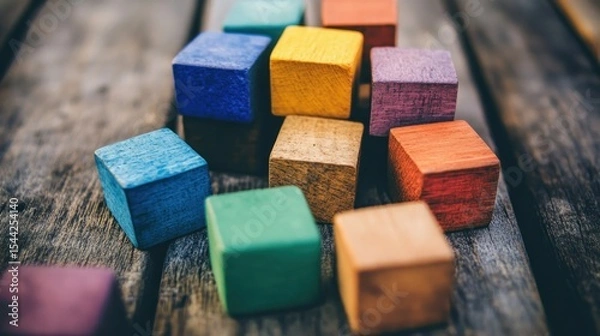Fototapeta Colorful wooden blocks on weathered wood