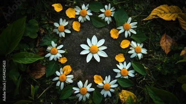 Fototapeta Daisies and leaves arranged in a circle