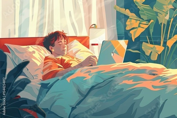 Fototapeta Illustration Happy Homey Sleepy Person Lying in Bed Browsing Laptop Smartphone Lazy Morning Evening