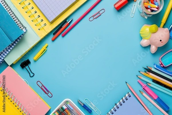 Fototapeta School Stationery on Color Background Top View with Copy Space Flat Lay Back to School Concept