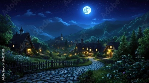 Fototapeta Nightfall village nestled in mountains.  Full moon, starry sky.  Cozy, quaint houses with dark roofs.  Cobblestone path winds through. Lush greenery