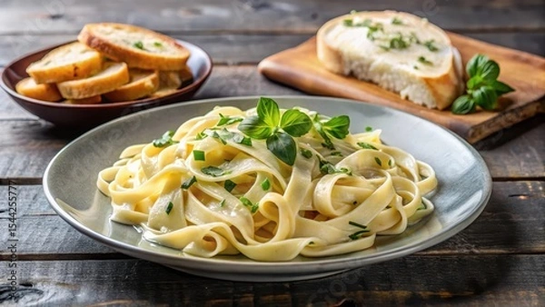 Obraz Creamy Fettuccine Alfredo Pasta with Toasted Bread on Side