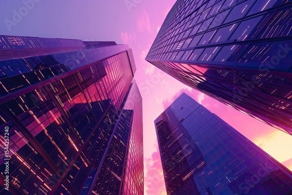 Fototapeta High Resolution of Modern Skyscrapers with Purple Evening Sky