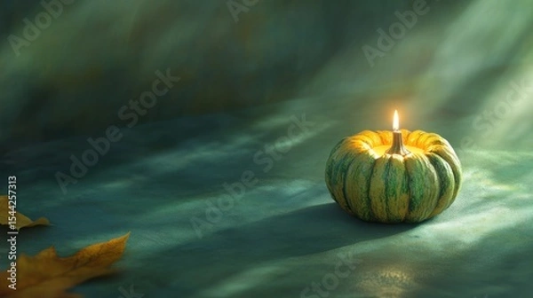 Fototapeta Small pumpkin candle in teal-toned setting
