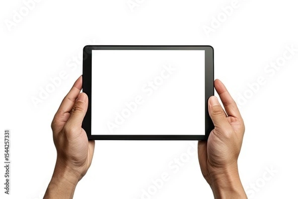 Fototapeta Men Hands Hold a Tablet Touch Pad Computer Gadget Isolated on White Background with Clipping Path