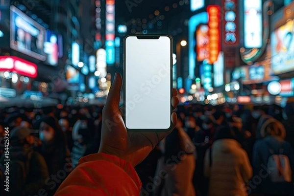 Fototapeta Hand Holding a Phone with a White Screen Against a Blurred City Crowd Background Smartphone Mockup