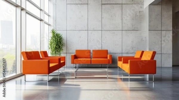 Fototapeta Modern waiting area with orange seating
