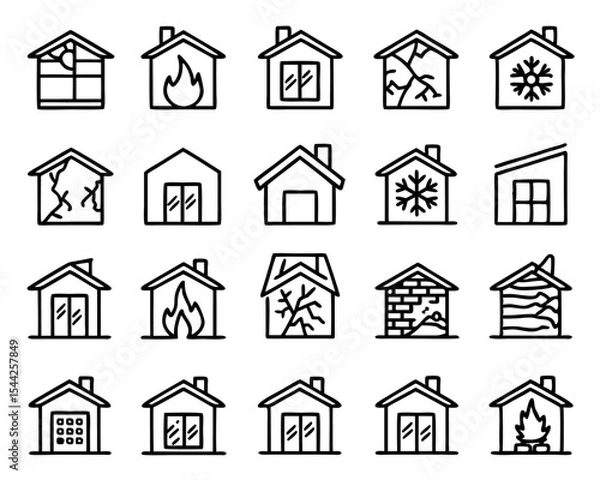Fototapeta Thin line art collection of house damage icons isolated on transparent background