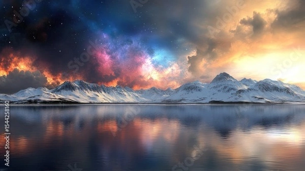 Fototapeta Colorful mountain range reflecting on a still lake at dawn