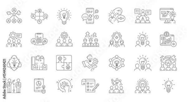 Fototapeta Teamwork and brainstorming concept represented by a set of outlined icons, linear style