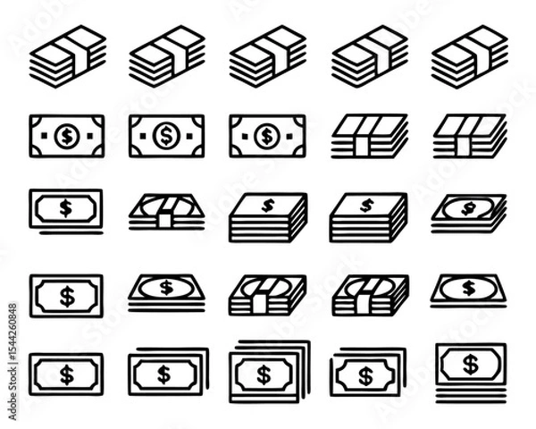 Fototapeta Thin line art icon of a stack of bills isolated on transparent background