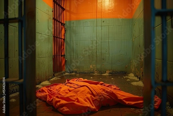 Fototapeta High Resolution Picture of Orange Prison Suit Folded and Washed in a Cell