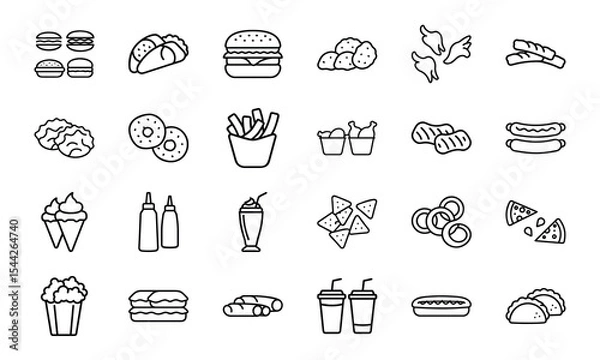 Fototapeta A vector illustration featuring twenty four types of delicious fast food icons in a simple outline style design