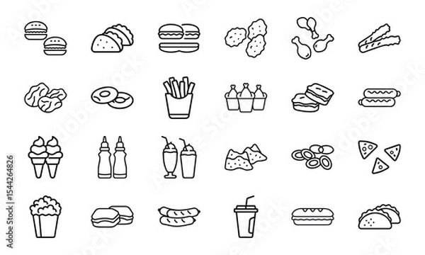Fototapeta Outline icons representing 24 types of delicious fast food items