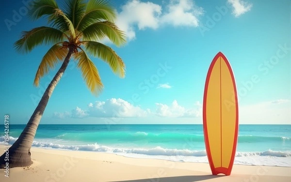 Fototapeta Surfboard and palm tree on beach background. High quality