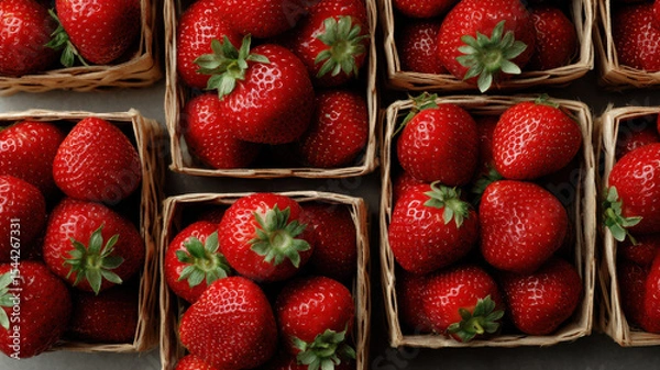 Obraz Baskets of freshly picked homegrown strawberries. Top-down view. 