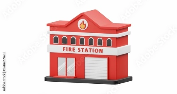 Obraz 3D illustration of a red fire station building icon with garage doors and windows. 