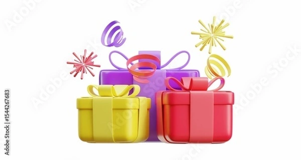 Obraz 3D illustration of colorful gift boxes with ribbons and confetti. 