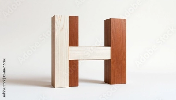 Fototapeta 3D Capital Letter H Made from Mixed Woods – Birch and Mahogany with Natural Grain Contrast on Neutral Light Background in Minimal Rustic Studio Scene