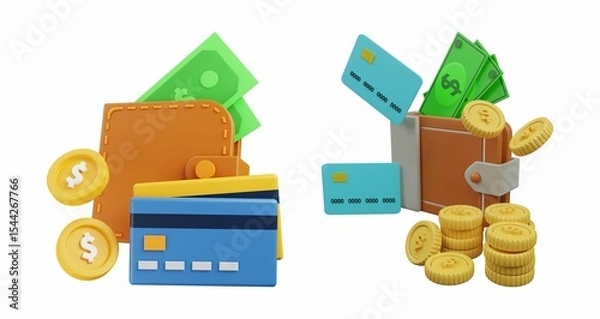 Obraz 3D illustration of wallets with coins, credit cards, and cash. 
