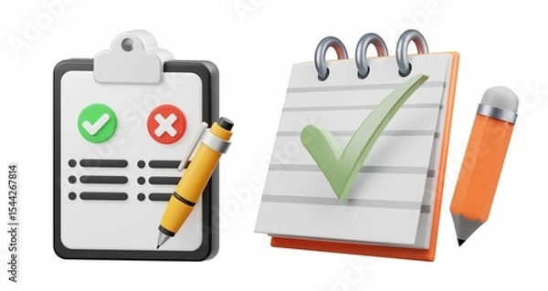 Obraz 3D illustration of checklist clipboard and spiral notebook with pencil. 