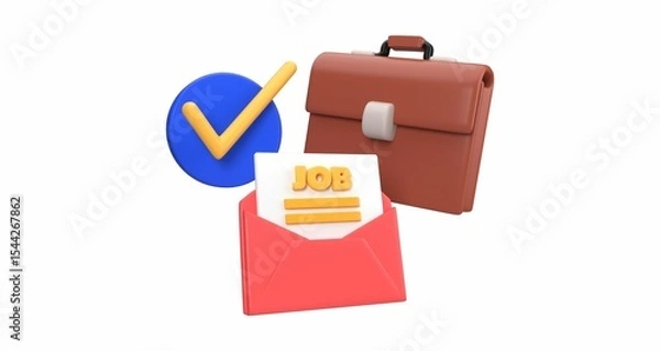 Obraz 3D rendered briefcase, a job application envelope, and a blue checkmark.