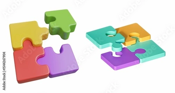 Fototapeta 3D rendered jigsaw puzzle pieces, interlocking and separated. 