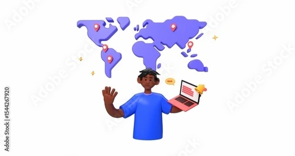 Obraz A 3D rendered character with a laptop communicating globally, shown by a world map with location pins.