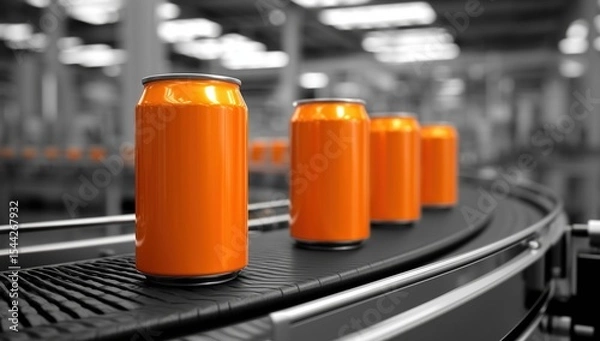 Obraz Ultra-realistic 8K high-resolution orange soda can on conveyor belt in soft drink production line factory, arranged neatly at uniform distance with blurred background and shallow depth of field, side 