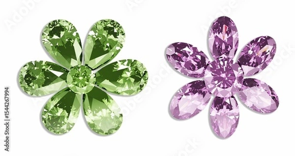 Obraz 3D rendered crystal flowers in green and purple, sparkling with facets. 