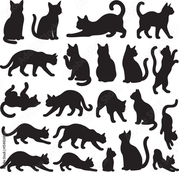 Fototapeta Silhouettes of various cats displaying playful and relaxed postures in a creative arrangement on a white background