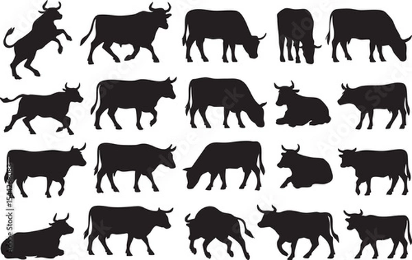 Fototapeta Various silhouettes of cows showcasing different poses and actions in a creative black-and-white design