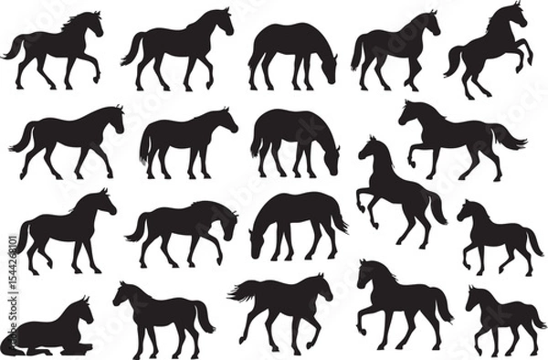 Fototapeta Silhouettes of horses displaying various movements on a white background