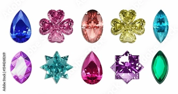 Obraz A collection of sparkling 3D rendered faceted gemstones in various colors and cuts.